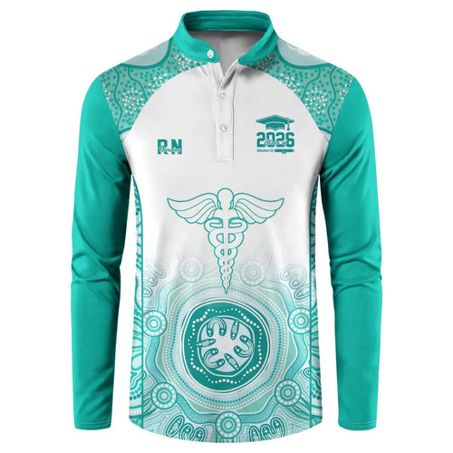 Aussie Nurse RN 2026 Personalised Button Sweatshirt Turquoise Aboriginal Art Pattern Cultural Pride