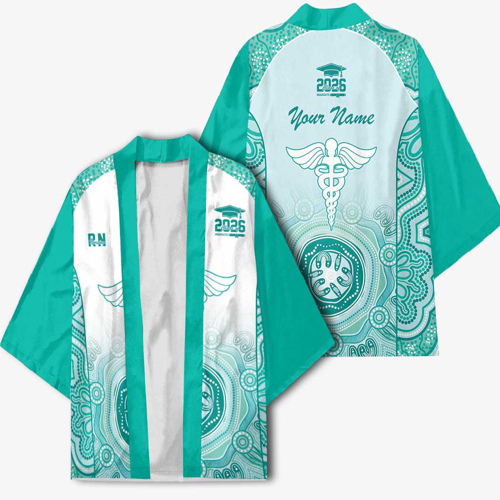 Aussie Nurse RN 2026 Personalised Kimono Turquoise Aboriginal Art Pattern Cultural Pride
