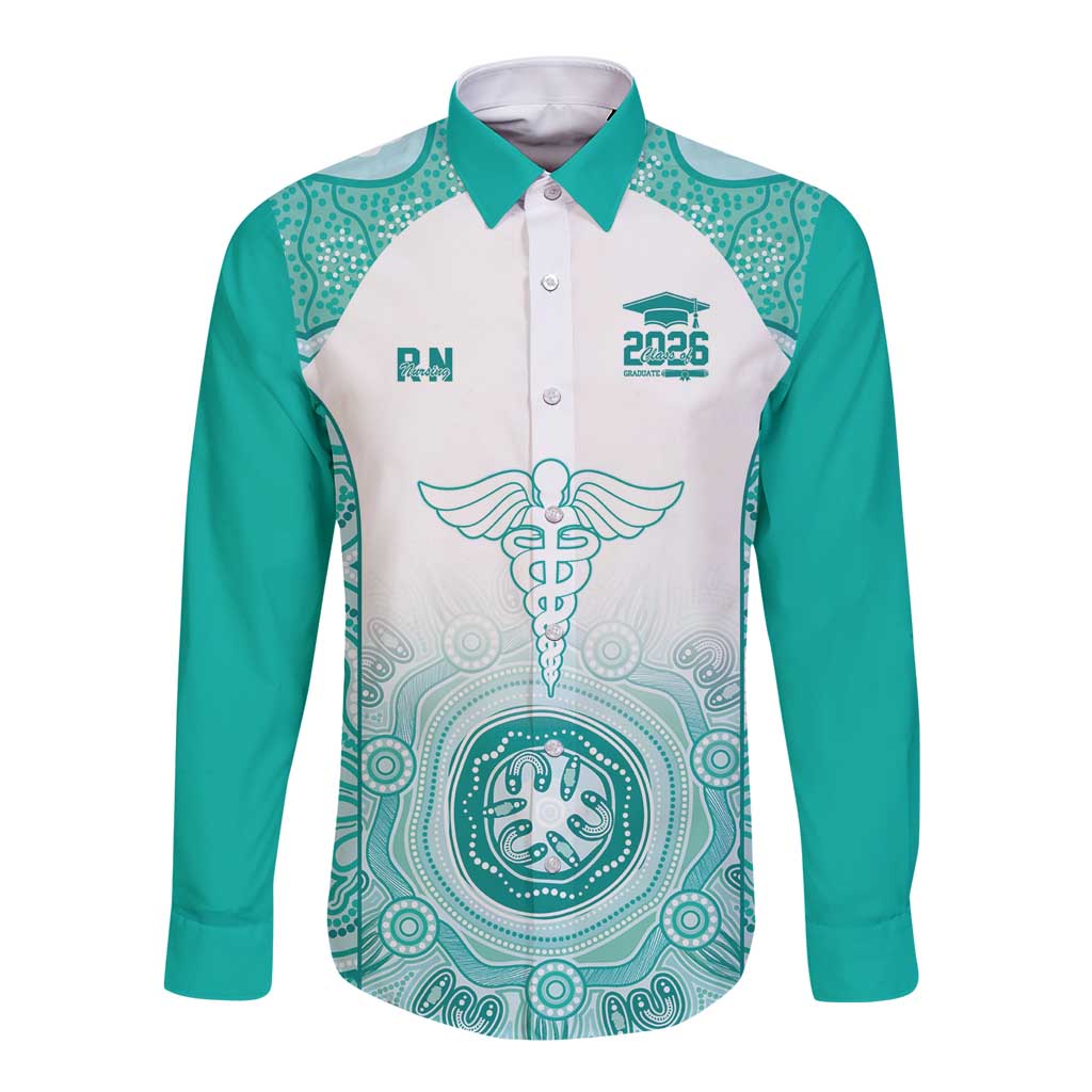 Aussie Nurse RN 2026 Personalised Long Sleeve Button Shirt Turquoise Aboriginal Art Pattern Cultural Pride