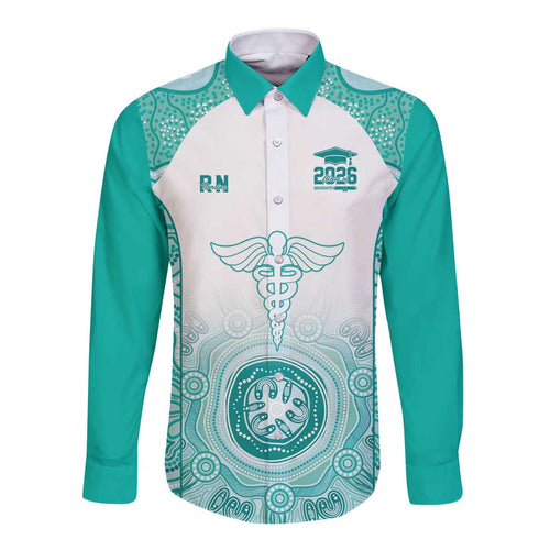Aussie Nurse RN 2026 Personalised Long Sleeve Button Shirt Turquoise Aboriginal Art Pattern Cultural Pride