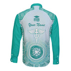 Aussie Nurse RN 2026 Personalised Long Sleeve Button Shirt Turquoise Aboriginal Art Pattern Cultural Pride