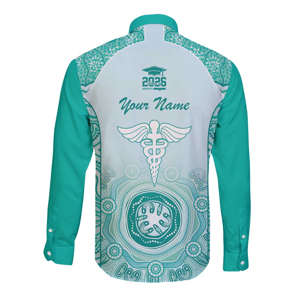 Aussie Nurse RN 2026 Personalised Long Sleeve Button Shirt Turquoise Aboriginal Art Pattern Cultural Pride