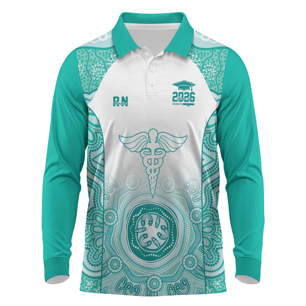 Aussie Nurse RN 2026 Personalised Long Sleeve Polo Shirt Turquoise Aboriginal Art Pattern Cultural Pride