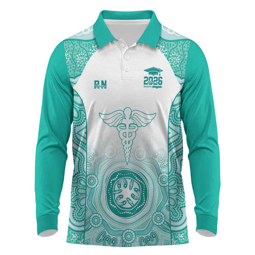 Aussie Nurse RN 2026 Personalised Long Sleeve Polo Shirt Turquoise Aboriginal Art Pattern Cultural Pride