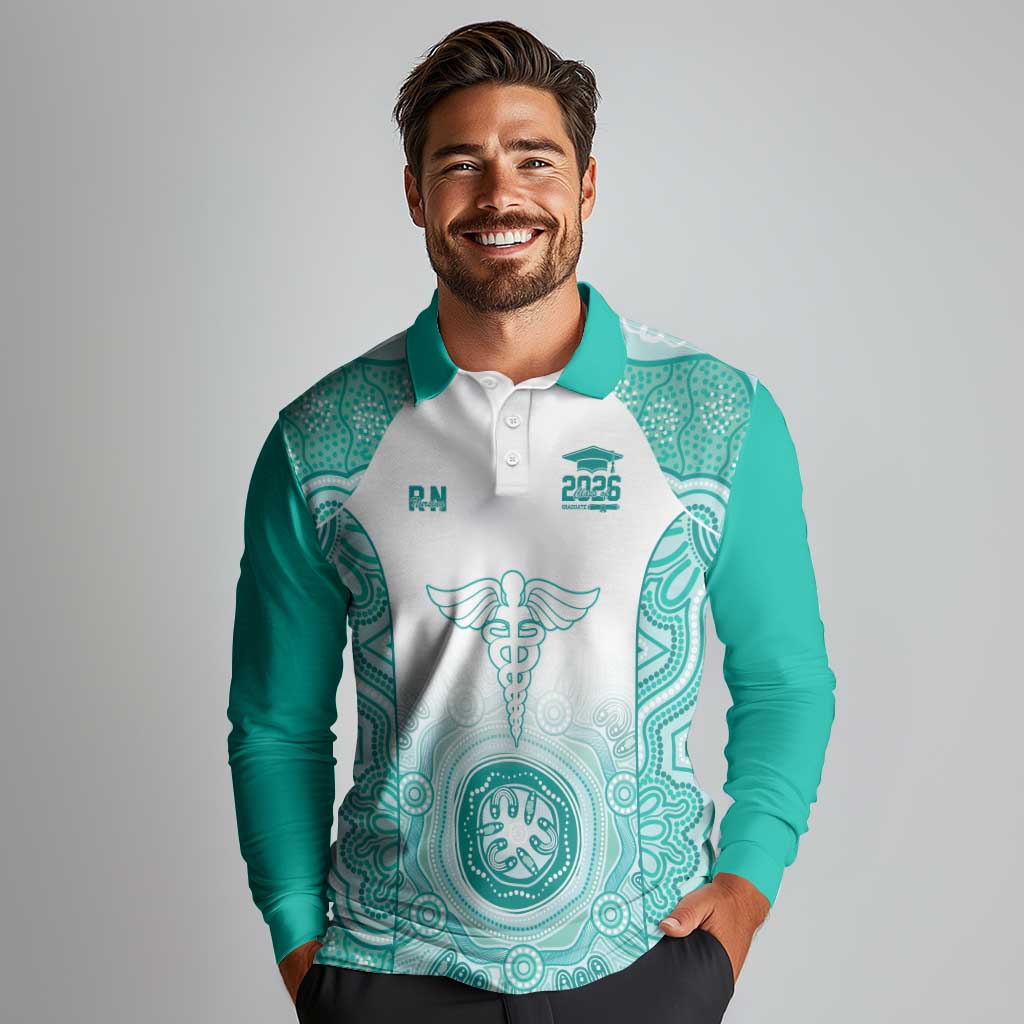 Aussie Nurse RN 2026 Personalised Long Sleeve Polo Shirt Turquoise Aboriginal Art Pattern Cultural Pride