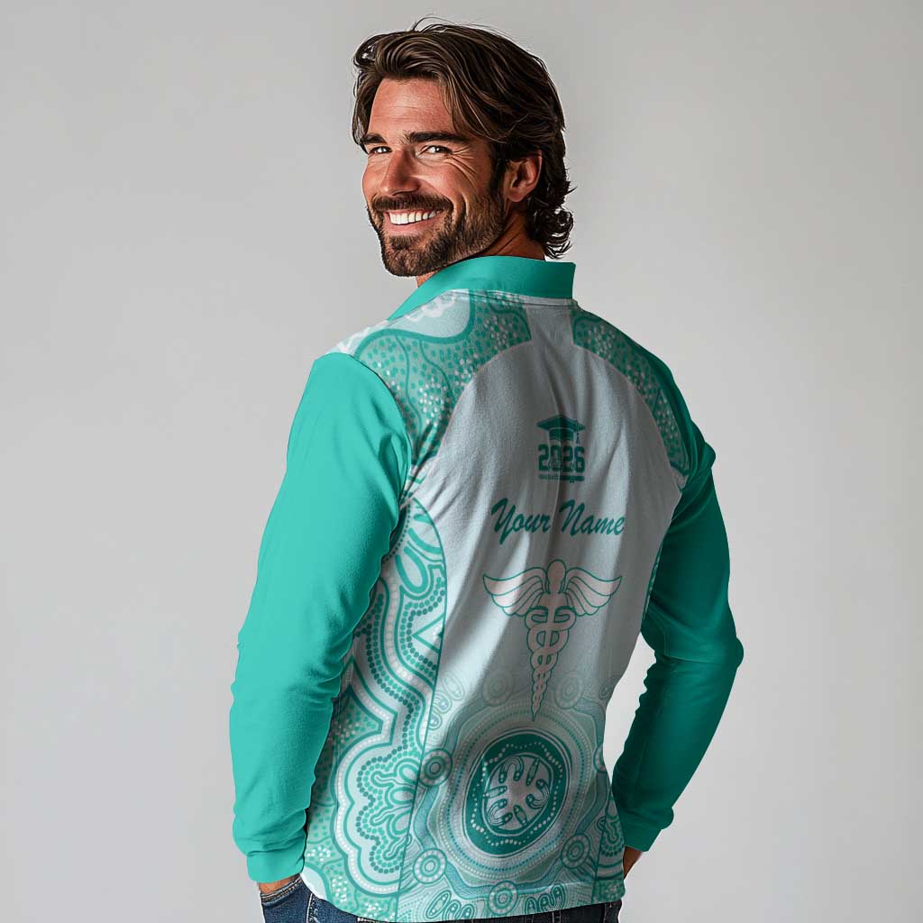 Aussie Nurse RN 2026 Personalised Long Sleeve Polo Shirt Turquoise Aboriginal Art Pattern Cultural Pride