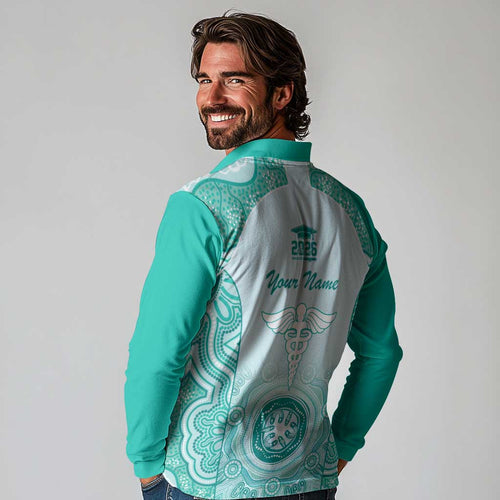 Aussie Nurse RN 2026 Personalised Long Sleeve Polo Shirt Turquoise Aboriginal Art Pattern Cultural Pride
