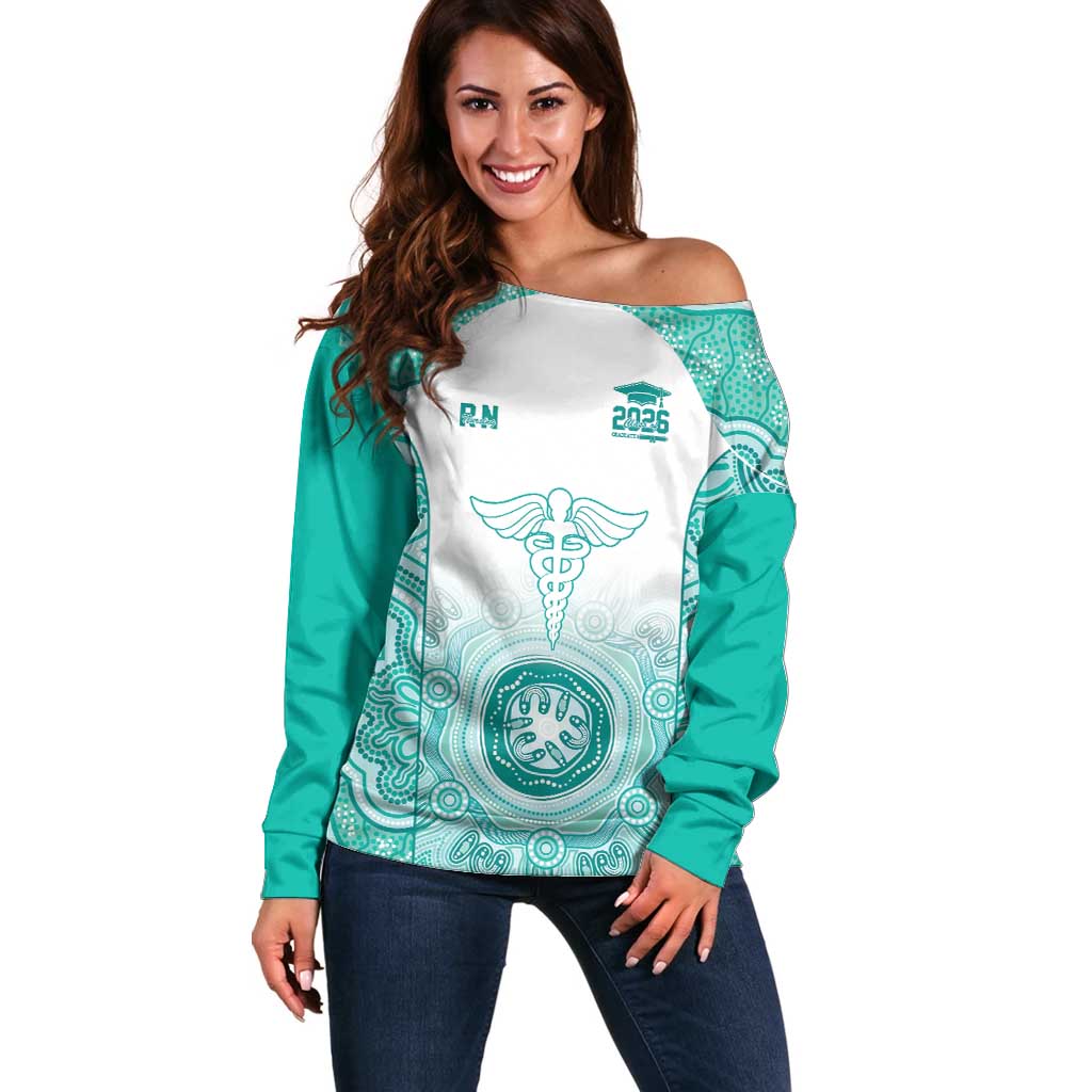 Aussie Nurse RN 2026 Personalised Off Shoulder Sweater Turquoise Aboriginal Art Pattern Cultural Pride