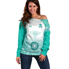 Aussie Nurse RN 2026 Personalised Off Shoulder Sweater Turquoise Aboriginal Art Pattern Cultural Pride