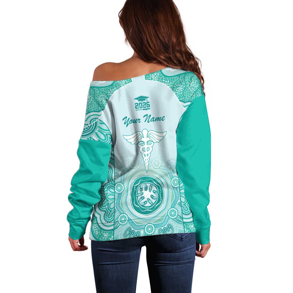 Aussie Nurse RN 2026 Personalised Off Shoulder Sweater Turquoise Aboriginal Art Pattern Cultural Pride