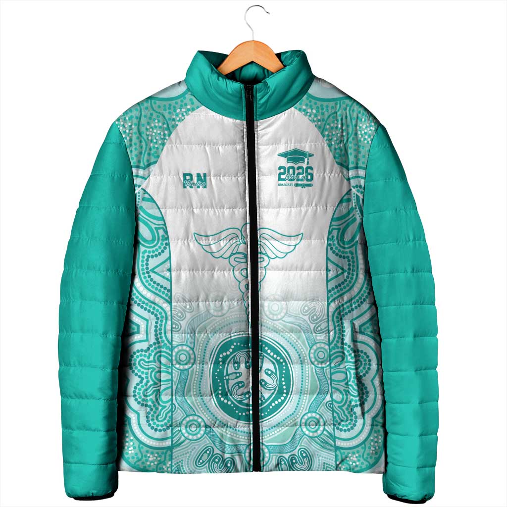 Aussie Nurse RN 2026 Personalised Padded Jacket Turquoise Aboriginal Art Pattern Cultural Pride