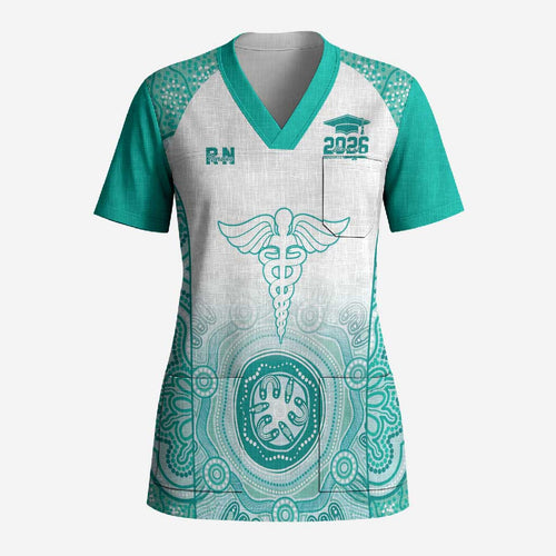 Aussie Nurse RN 2026 Personalised Scrub Top Turquoise Aboriginal Art Pattern Cultural Pride
