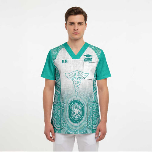 Aussie Nurse RN 2026 Personalised Scrub Top Turquoise Aboriginal Art Pattern Cultural Pride