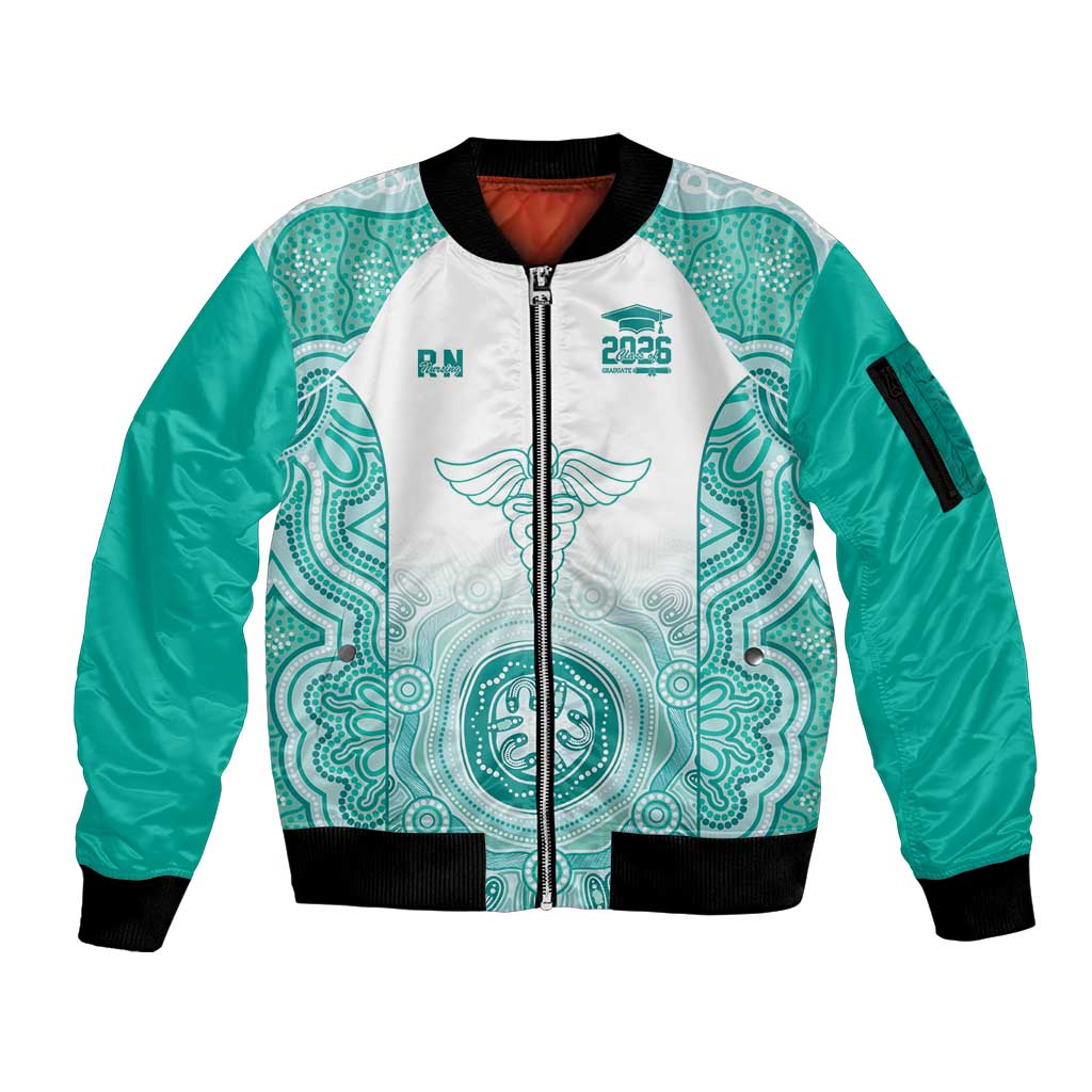 Aussie Nurse RN 2026 Personalised Sleeve Zip Bomber Jacket Turquoise Aboriginal Art Pattern Cultural Pride