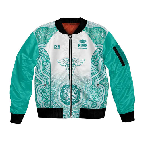 Aussie Nurse RN 2026 Personalised Sleeve Zip Bomber Jacket Turquoise Aboriginal Art Pattern Cultural Pride