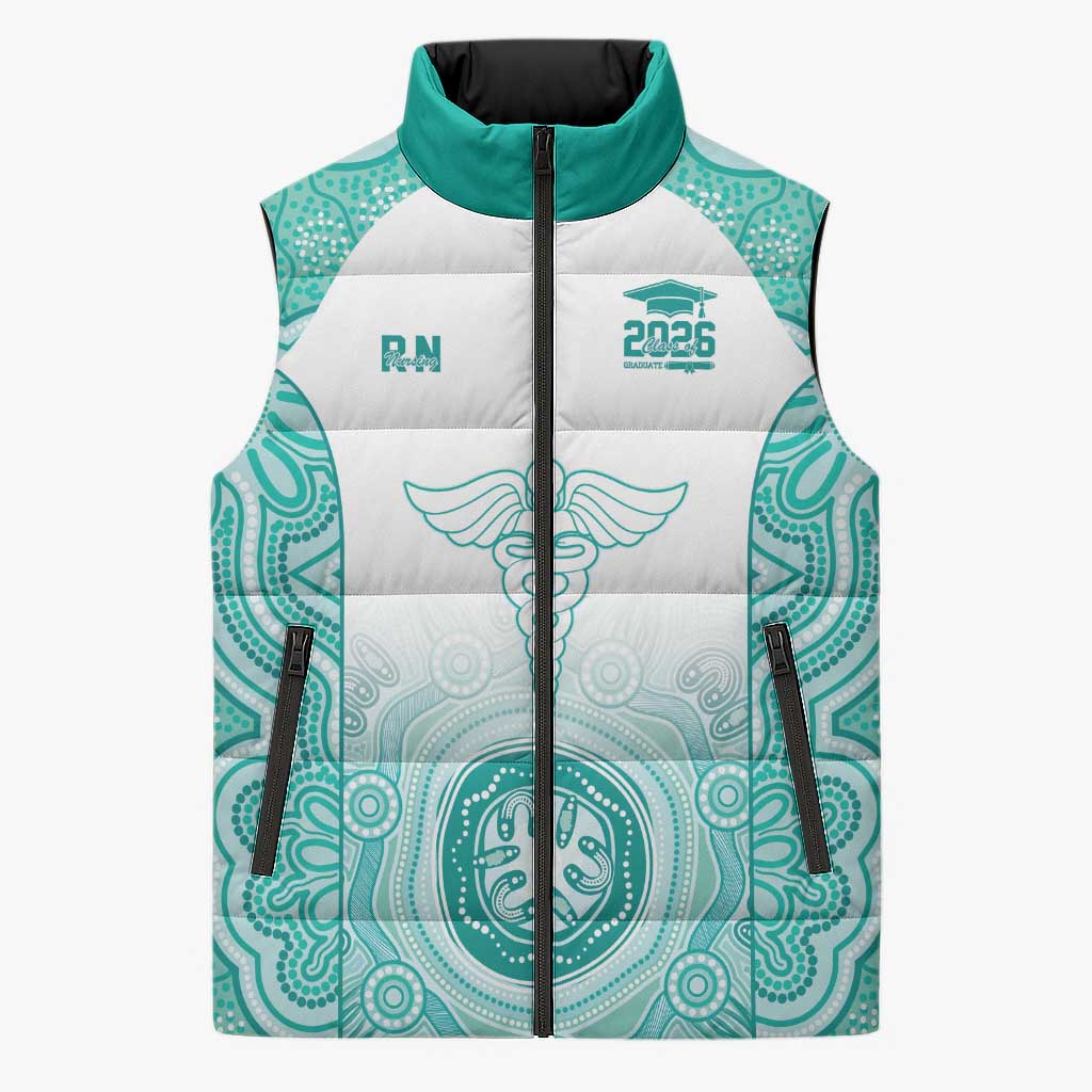 Aussie Nurse RN 2026 Personalised Sleeveless Puffer Jacket Turquoise Aboriginal Art Pattern Cultural Pride