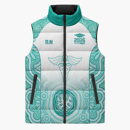 Aussie Nurse RN 2026 Personalised Sleeveless Puffer Jacket Turquoise Aboriginal Art Pattern Cultural Pride