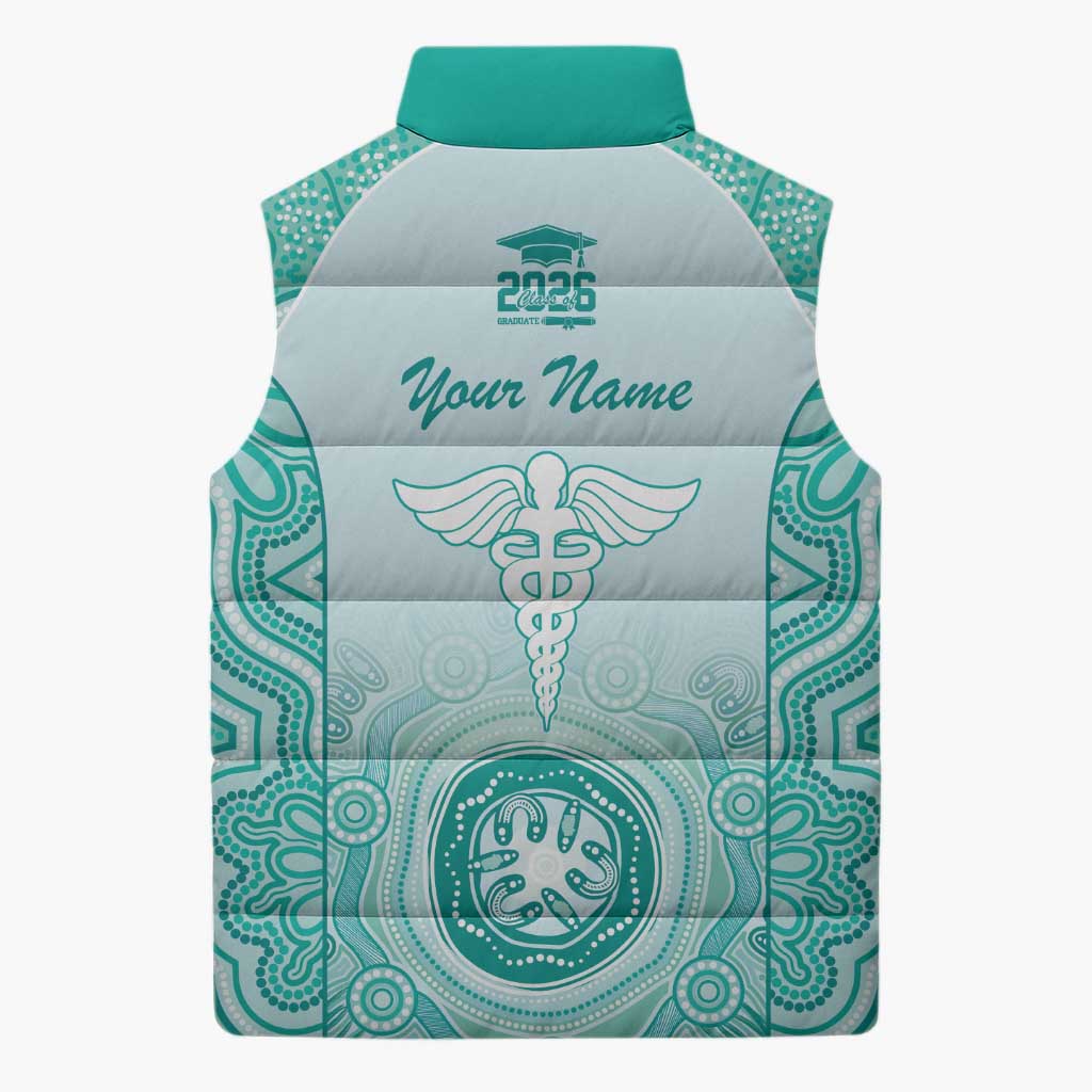 Aussie Nurse RN 2026 Personalised Sleeveless Puffer Jacket Turquoise Aboriginal Art Pattern Cultural Pride