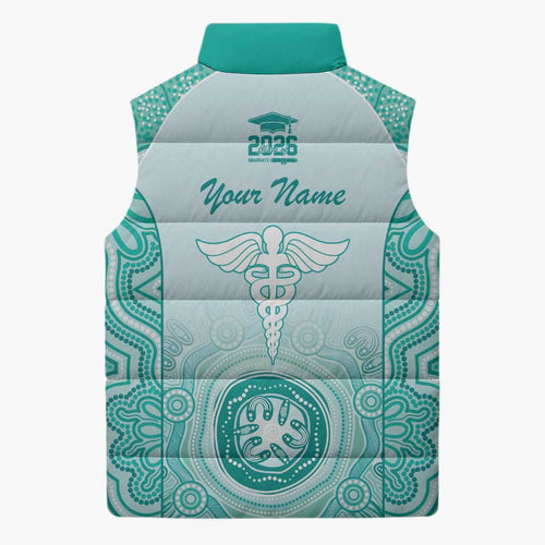 Aussie Nurse RN 2026 Personalised Sleeveless Puffer Jacket Turquoise Aboriginal Art Pattern Cultural Pride