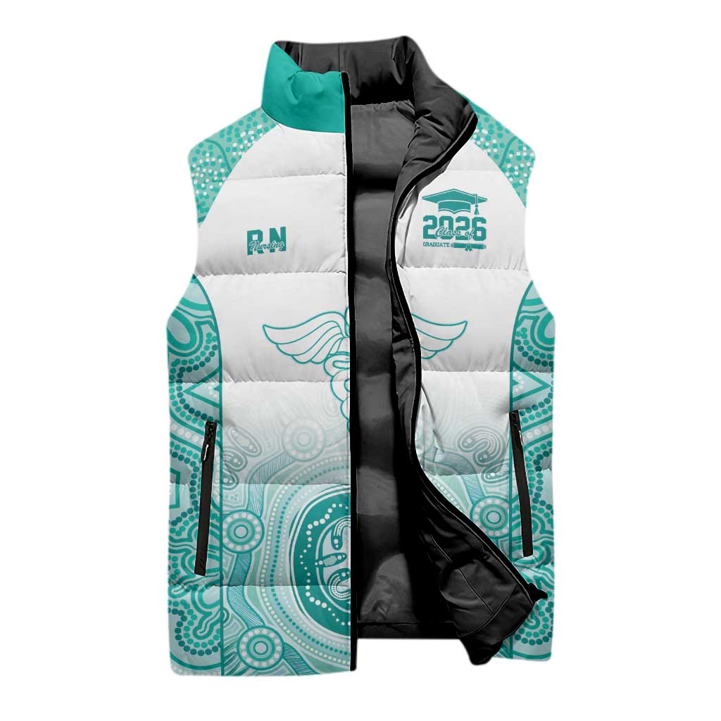 Aussie Nurse RN 2026 Personalised Sleeveless Puffer Jacket Turquoise Aboriginal Art Pattern Cultural Pride