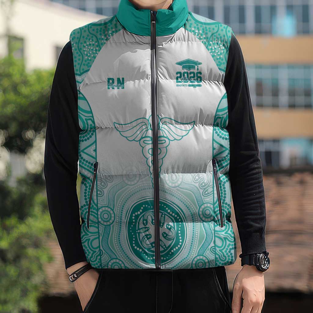 Aussie Nurse RN 2026 Personalised Sleeveless Puffer Jacket Turquoise Aboriginal Art Pattern Cultural Pride
