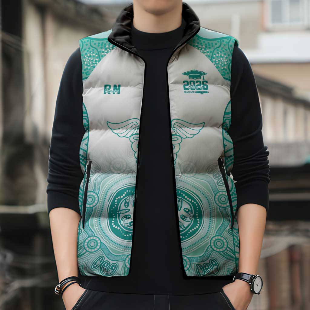 Aussie Nurse RN 2026 Personalised Sleeveless Puffer Jacket Turquoise Aboriginal Art Pattern Cultural Pride