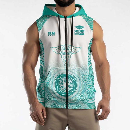 Aussie Nurse RN 2026 Personalised Sleeveless Zip Hoodie Turquoise Aboriginal Art Pattern Cultural Pride