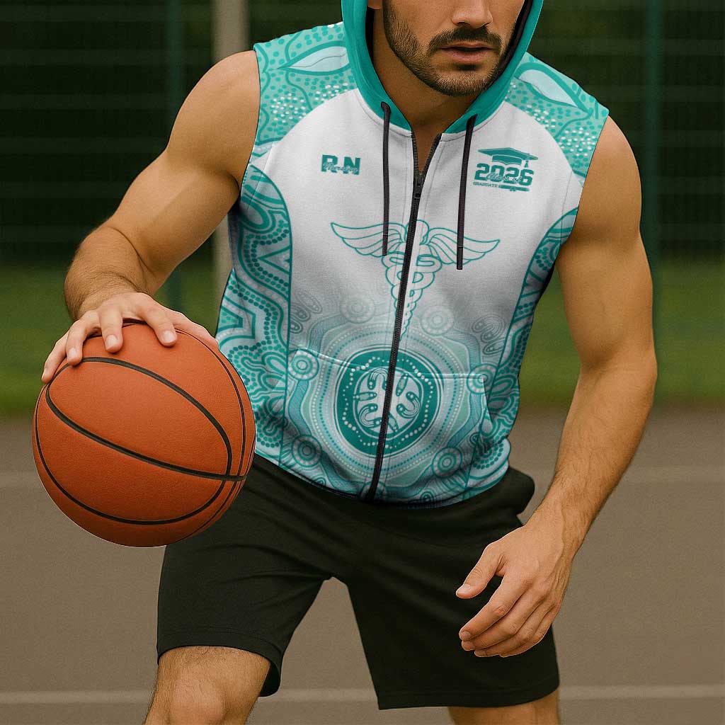 Aussie Nurse RN 2026 Personalised Sleeveless Zip Hoodie Turquoise Aboriginal Art Pattern Cultural Pride