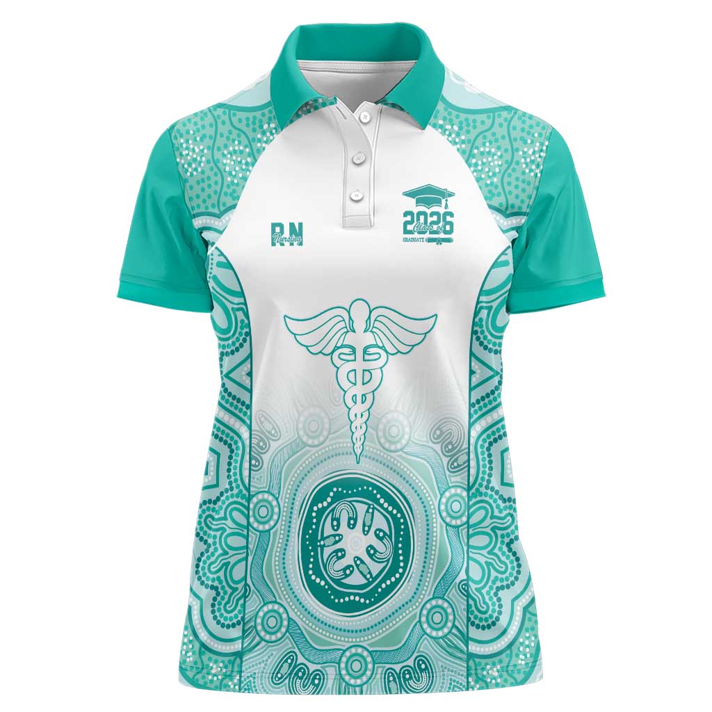 Aussie Nurse RN 2026 Personalised Women Polo Shirt Turquoise Aboriginal Art Pattern Cultural Pride
