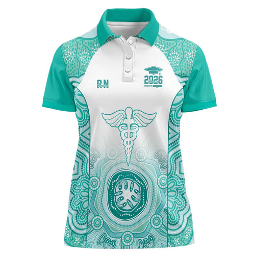 Aussie Nurse RN 2026 Personalised Women Polo Shirt Turquoise Aboriginal Art Pattern Cultural Pride