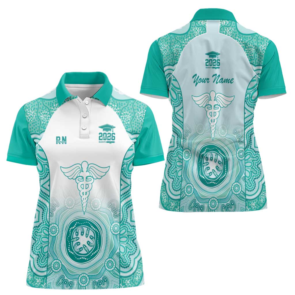 Aussie Nurse RN 2026 Personalised Women Polo Shirt Turquoise Aboriginal Art Pattern Cultural Pride