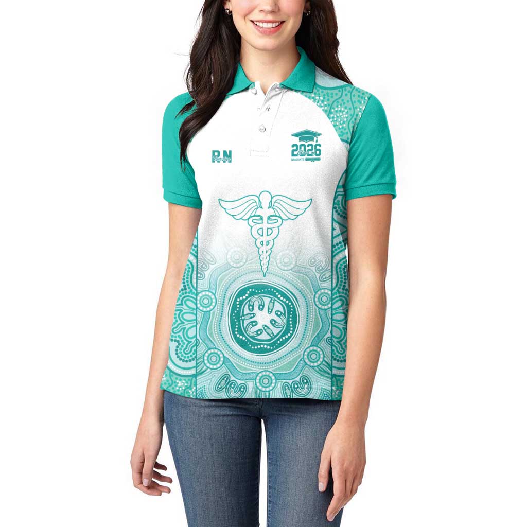 Aussie Nurse RN 2026 Personalised Women Polo Shirt Turquoise Aboriginal Art Pattern Cultural Pride