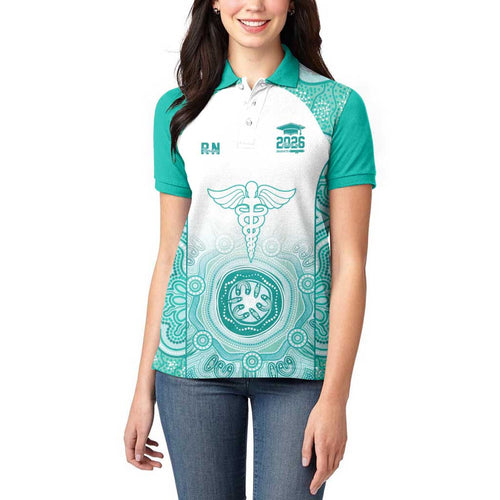 Aussie Nurse RN 2026 Personalised Women Polo Shirt Turquoise Aboriginal Art Pattern Cultural Pride