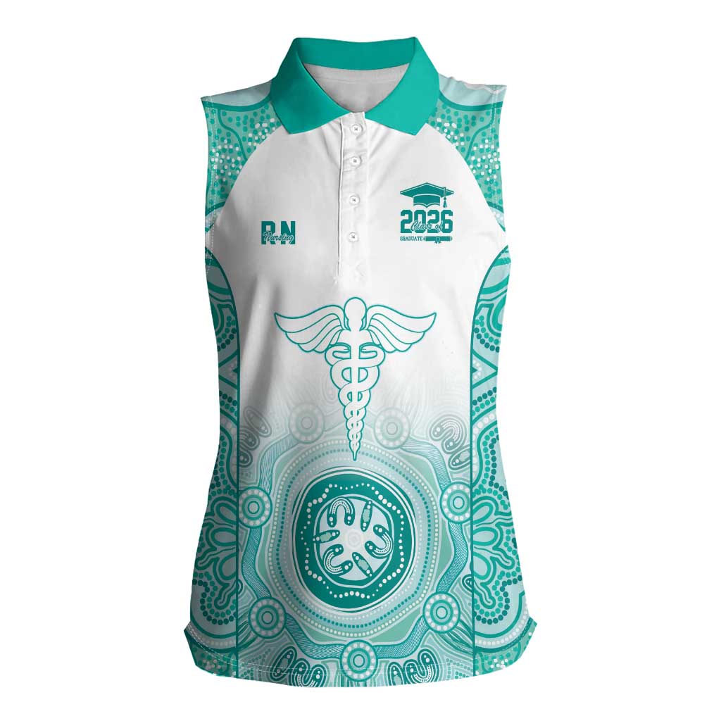 Aussie Nurse RN 2026 Personalised Women Sleeveless Polo Shirt Turquoise Aboriginal Art Pattern Cultural Pride