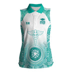 Aussie Nurse RN 2026 Personalised Women Sleeveless Polo Shirt Turquoise Aboriginal Art Pattern Cultural Pride