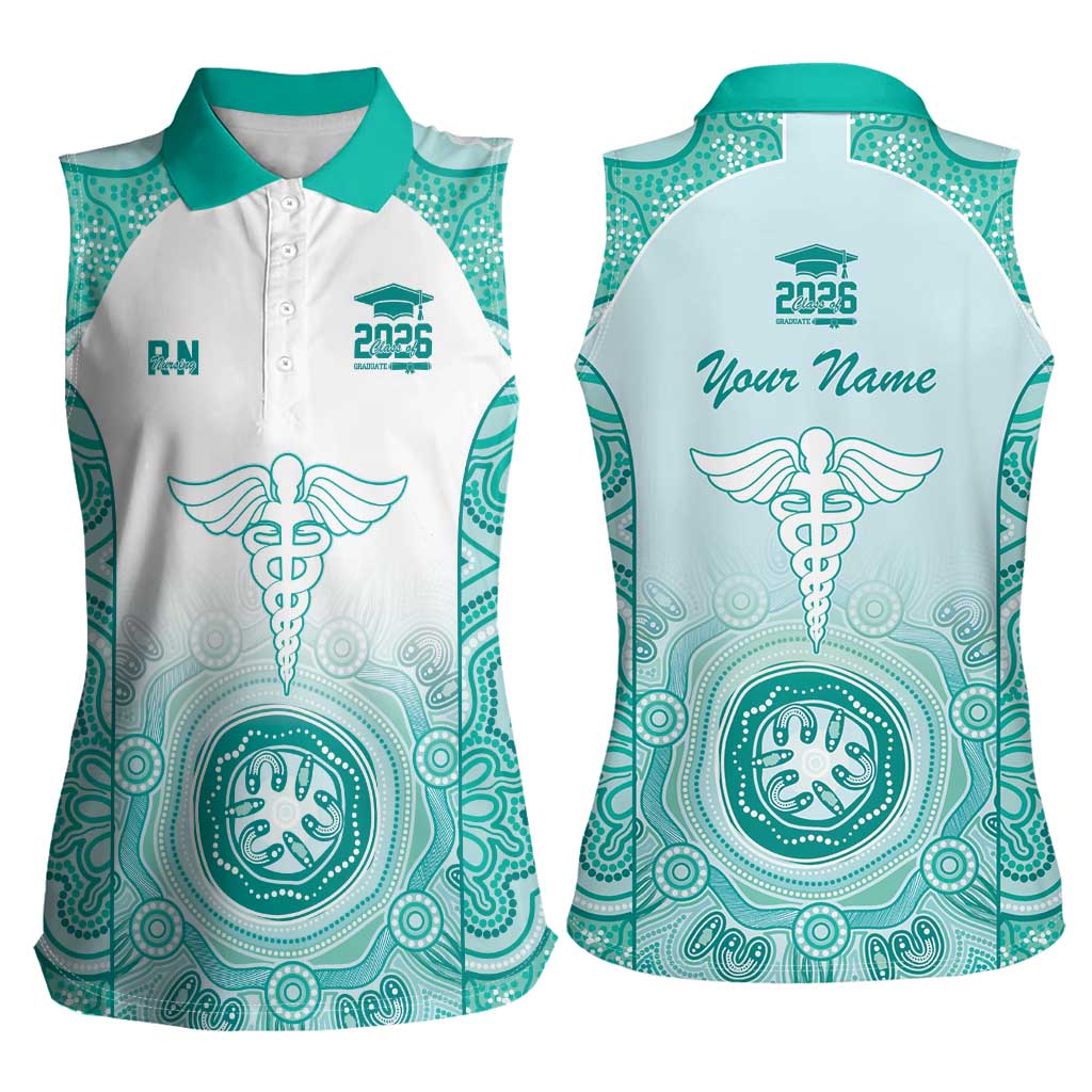 Aussie Nurse RN 2026 Personalised Women Sleeveless Polo Shirt Turquoise Aboriginal Art Pattern Cultural Pride