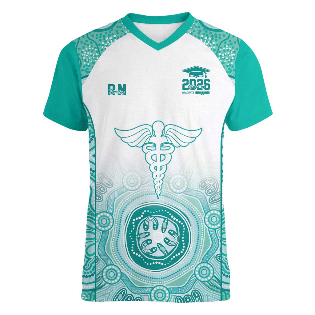 Aussie Nurse RN 2026 Personalised Women V-Neck T-Shirt Turquoise Aboriginal Art Pattern Cultural Pride