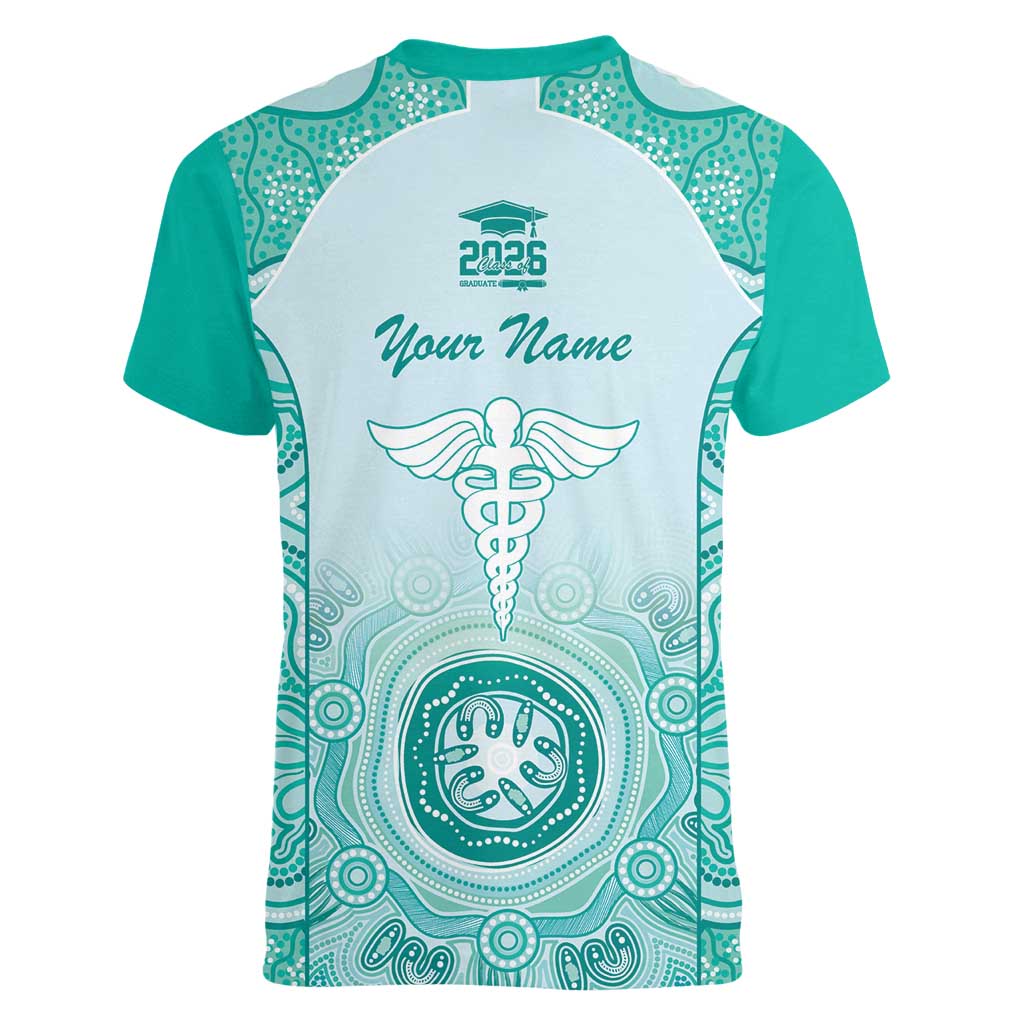 Aussie Nurse RN 2026 Personalised Women V-Neck T-Shirt Turquoise Aboriginal Art Pattern Cultural Pride