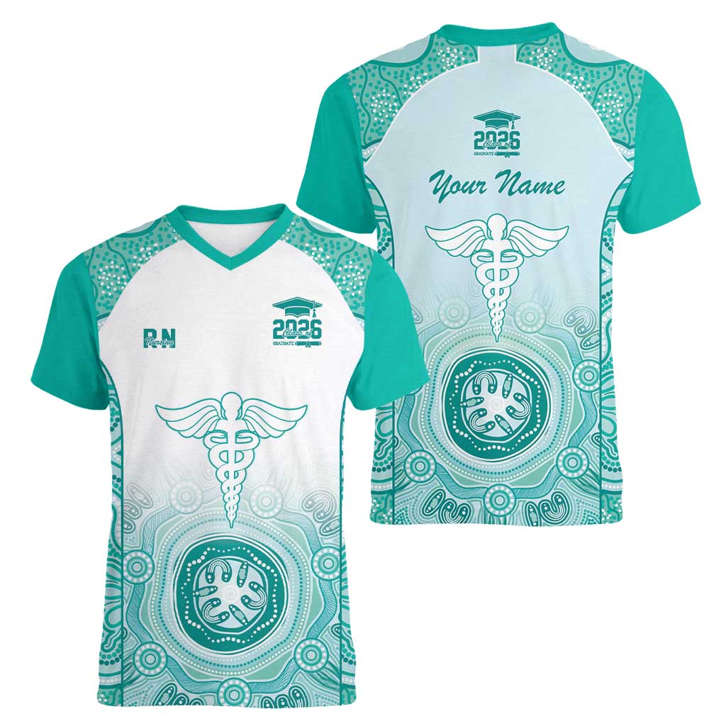 Aussie Nurse RN 2026 Personalised Women V-Neck T-Shirt Turquoise Aboriginal Art Pattern Cultural Pride