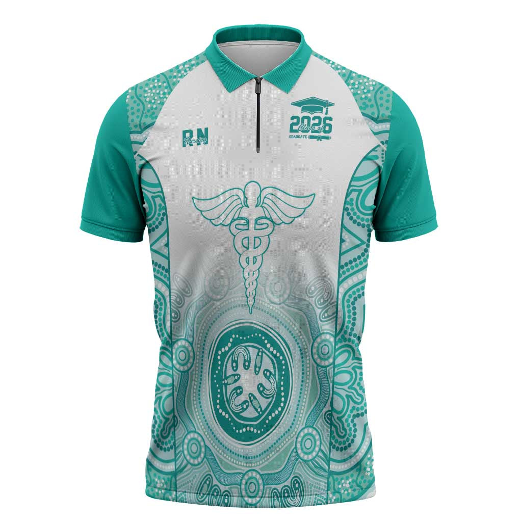 Aussie Nurse RN 2026 Personalised Zipper Polo Shirt Turquoise Aboriginal Art Pattern Cultural Pride