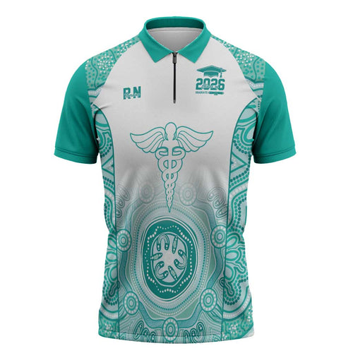 Aussie Nurse RN 2026 Personalised Zipper Polo Shirt Turquoise Aboriginal Art Pattern Cultural Pride