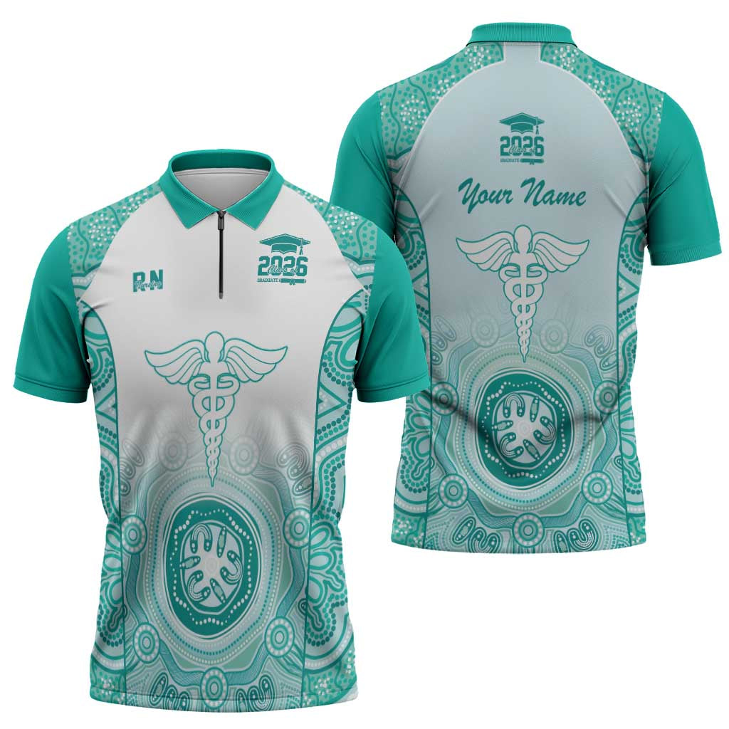 Aussie Nurse RN 2026 Personalised Zipper Polo Shirt Turquoise Aboriginal Art Pattern Cultural Pride