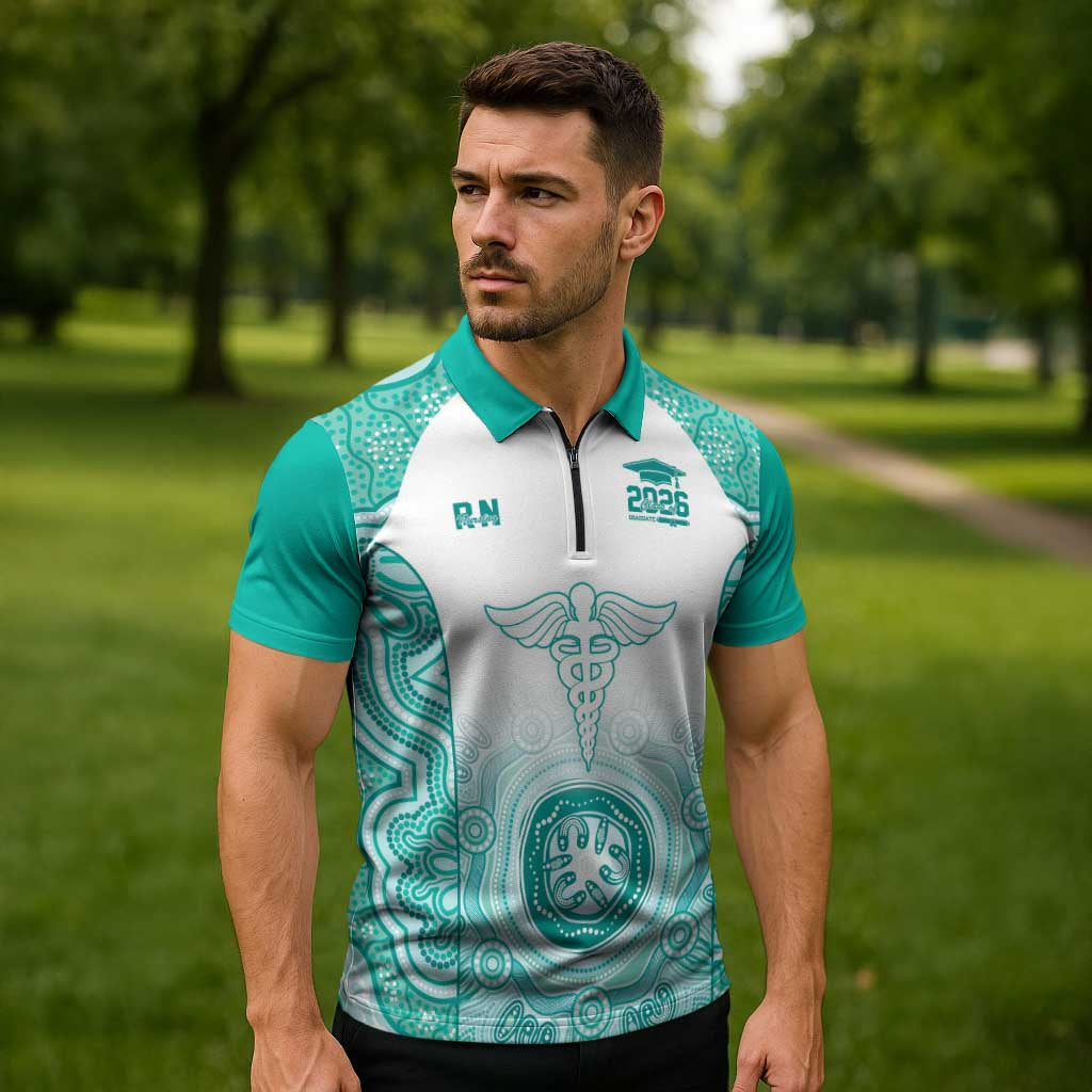 Aussie Nurse RN 2026 Personalised Zipper Polo Shirt Turquoise Aboriginal Art Pattern Cultural Pride
