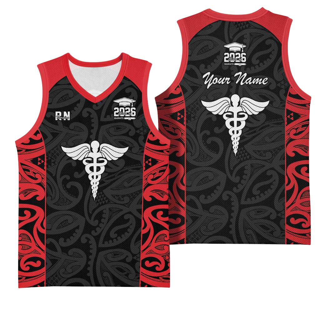 New Zealand Nurse RN 2026 Personalised Basketball Jersey Red Maori Pattern Cultural Pride