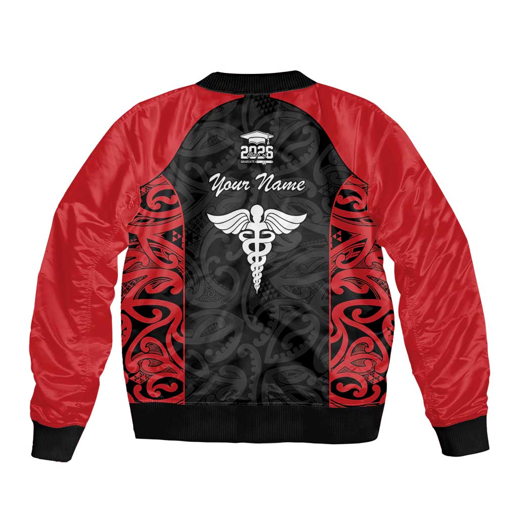 New Zealand Nurse RN 2026 Personalised Bomber Jacket Red Maori Pattern Cultural Pride