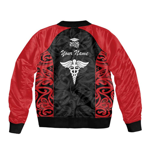 New Zealand Nurse RN 2026 Personalised Bomber Jacket Red Maori Pattern Cultural Pride