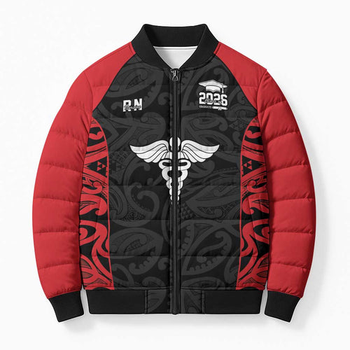New Zealand Nurse RN 2026 Personalised Bomber Puffer Jacket Red Maori Pattern Cultural Pride