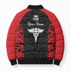 New Zealand Nurse RN 2026 Personalised Bomber Puffer Jacket Red Maori Pattern Cultural Pride