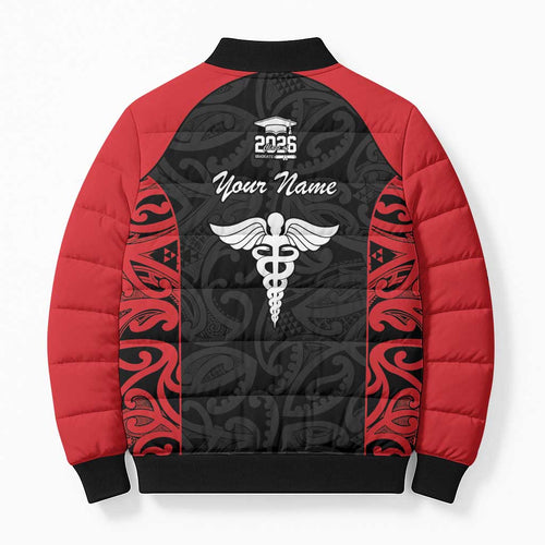 New Zealand Nurse RN 2026 Personalised Bomber Puffer Jacket Red Maori Pattern Cultural Pride