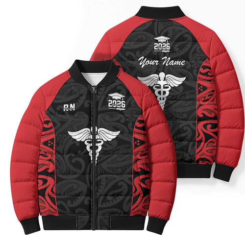 New Zealand Nurse RN 2026 Personalised Bomber Puffer Jacket Red Maori Pattern Cultural Pride